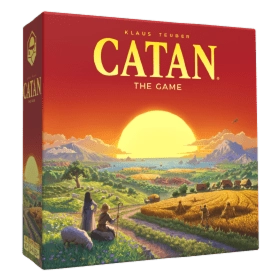 Doos van het bordspel Catan met illustratie van een landschap en dorpen.