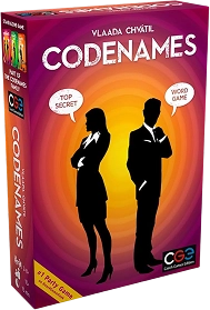 Doos van het bordspel Codenames met silhouetten van geheime agenten.